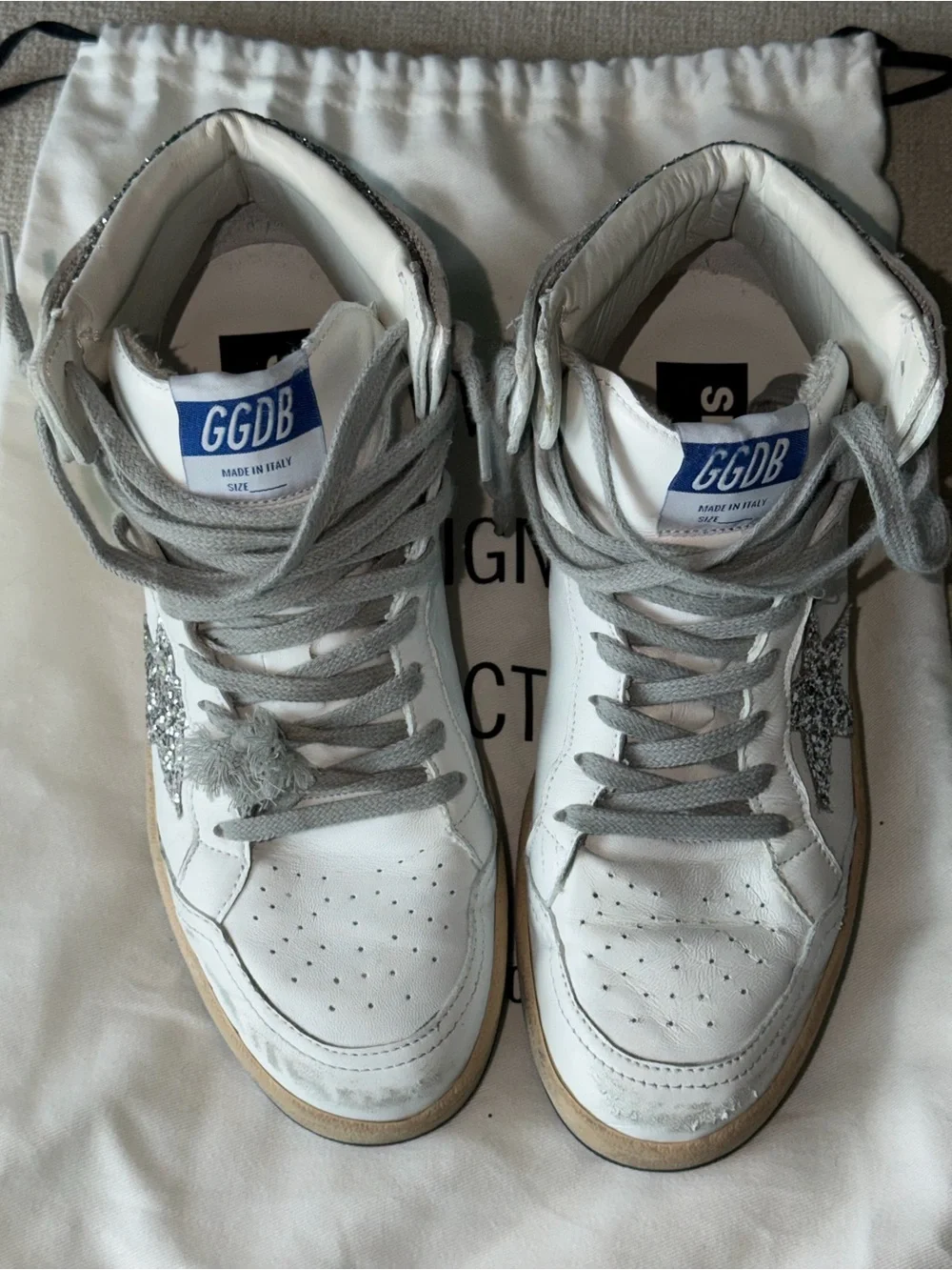 Golden Goose Cream High-Top Sneakers with Silver Glitter Star Accent - Picture 4 of 7